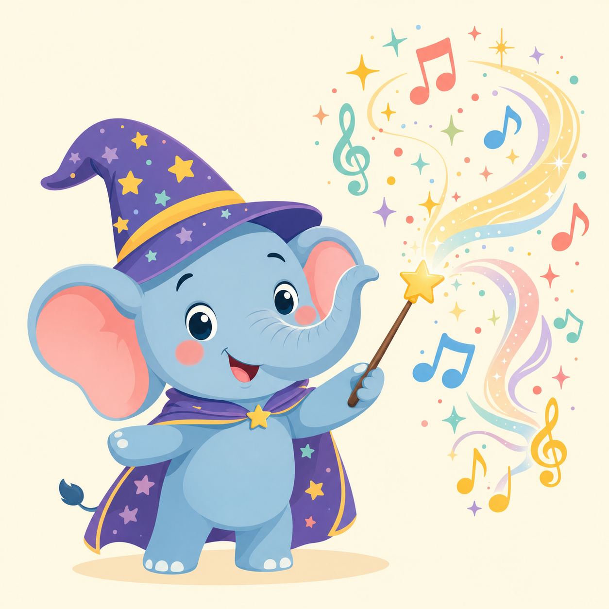 Antria the elephant as a friendly wizard conjuring musical notes