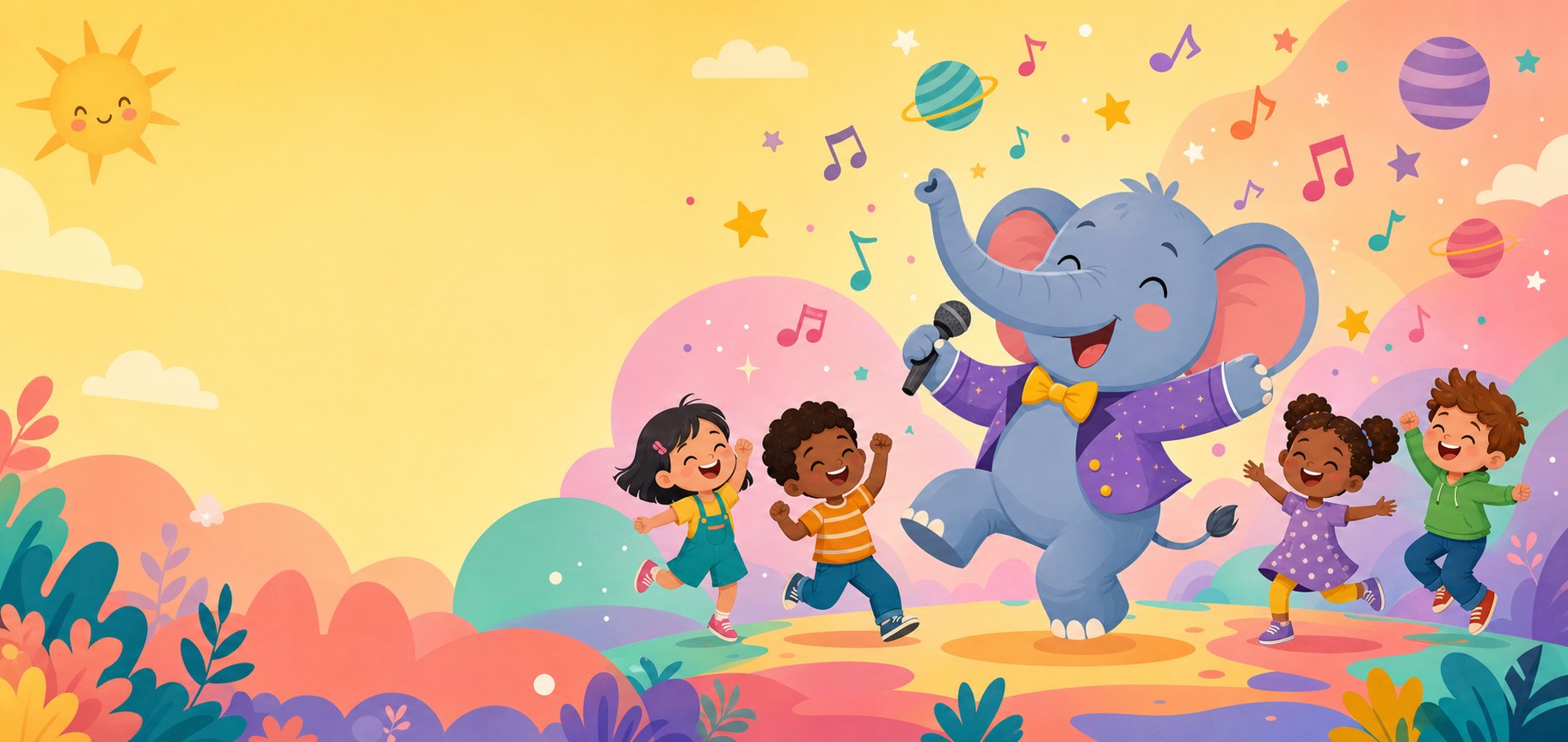 Antria the elephant singing and dancing with happy children and floating musical notes