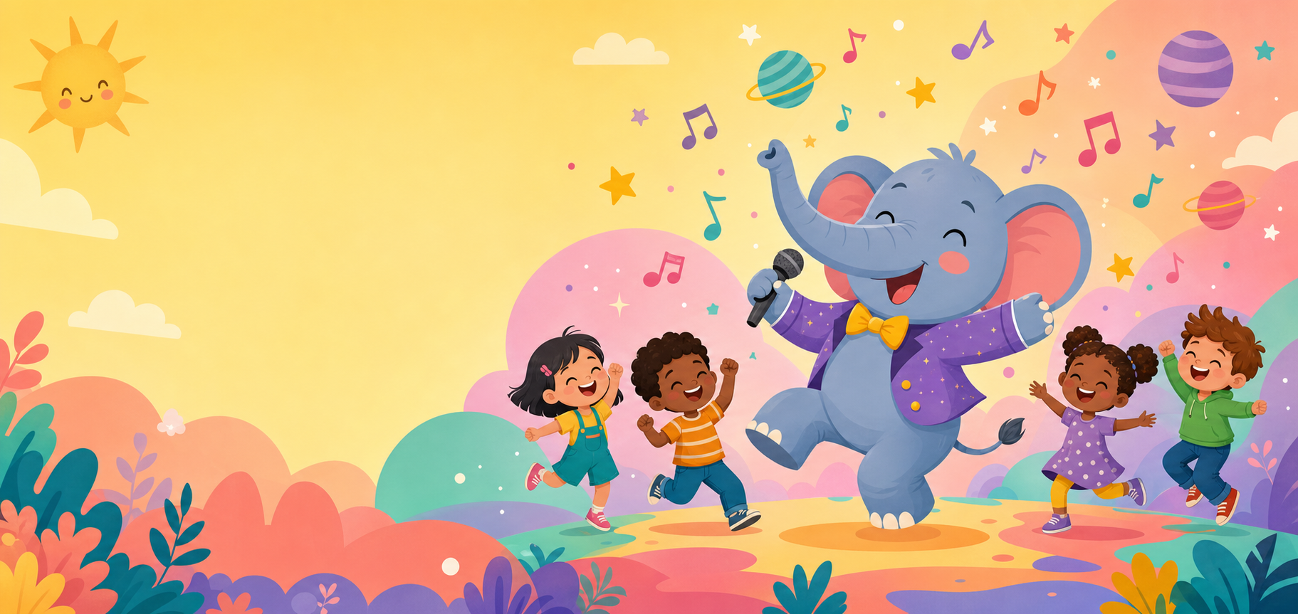 Antria the elephant singing and dancing with happy children and floating musical notes