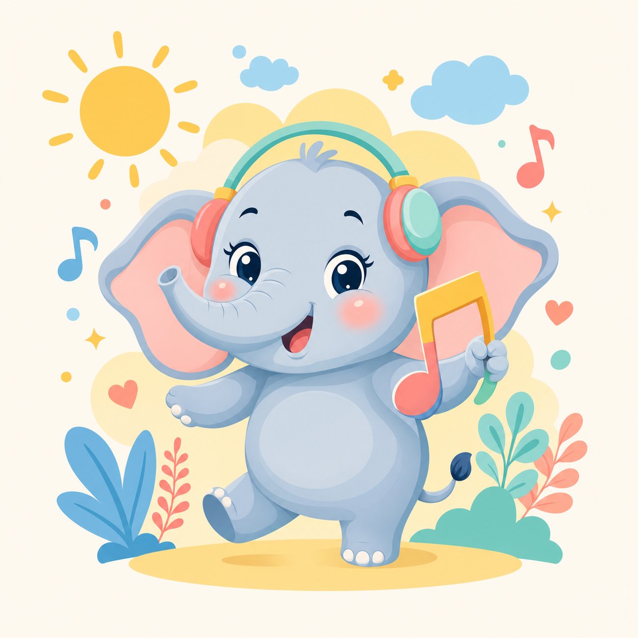 Antria the elephant dancing happily with headphones and a musical note