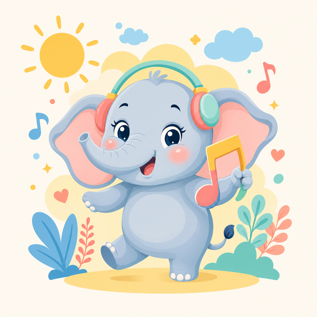 Antria the elephant dancing happily with headphones and a musical note