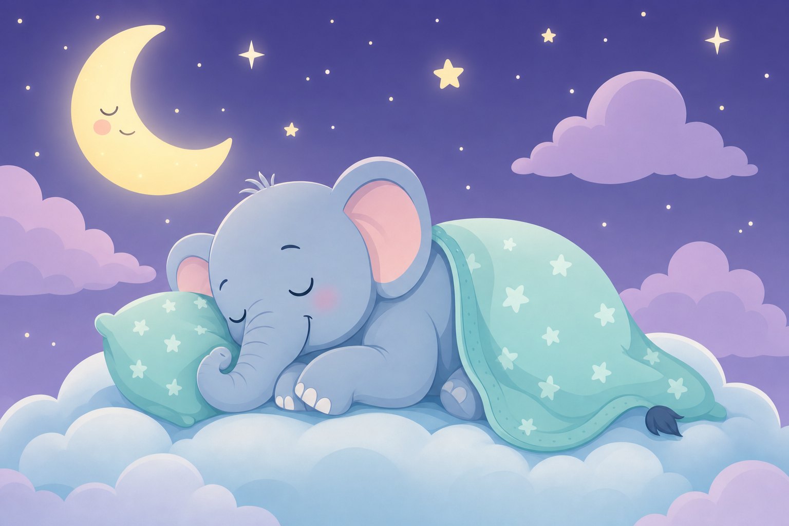 Antria the elephant sleeping peacefully under a crescent moon and stars
