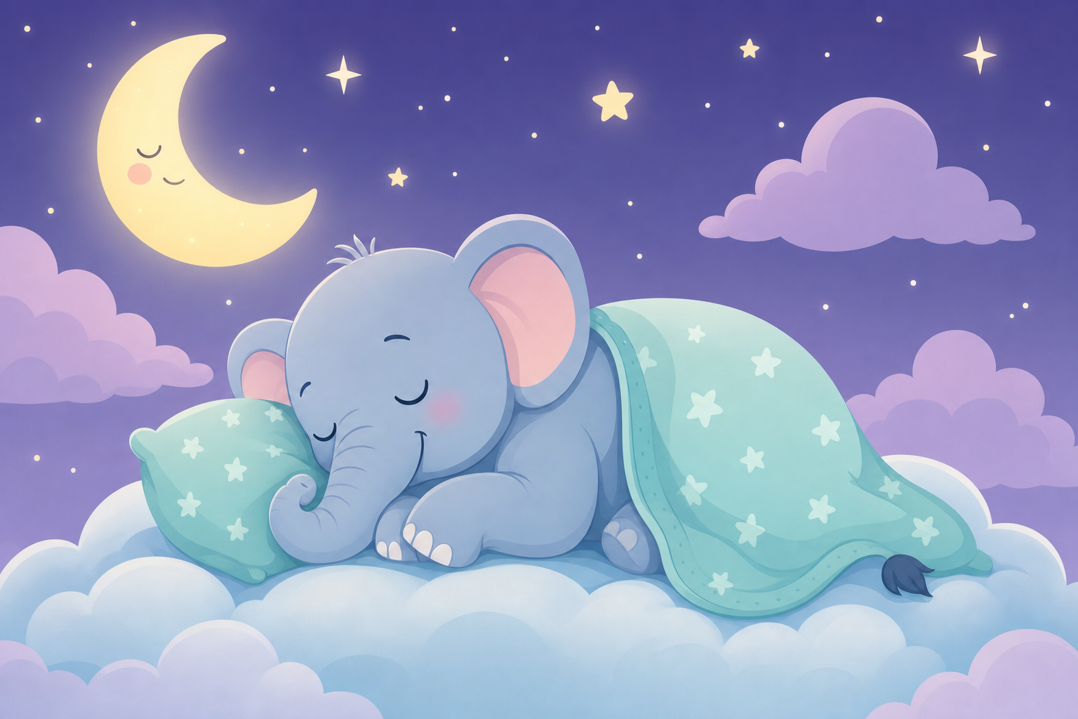 Antria the elephant sleeping peacefully under a crescent moon and stars