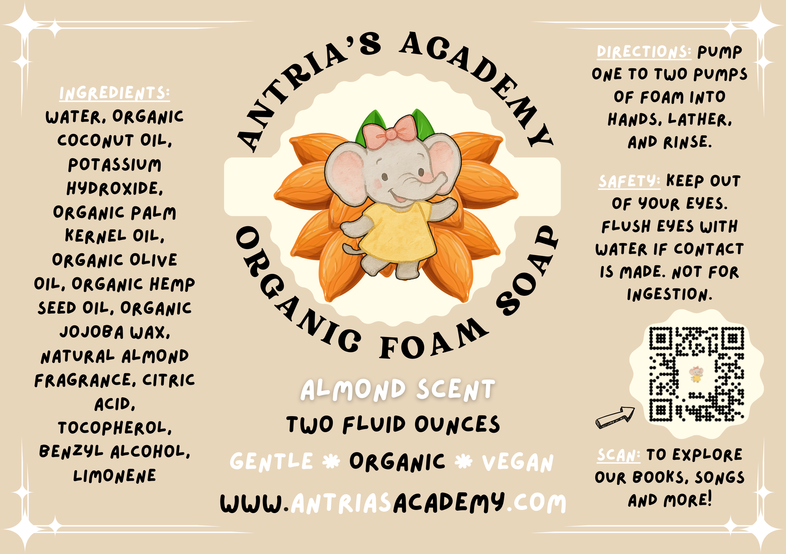 Antria’s Academy Organic Foam Soap ~ Two Fluid Ounces ~ Gentle Foaming Hand Wash ~ Organic & Vegan ~ Almond Scent