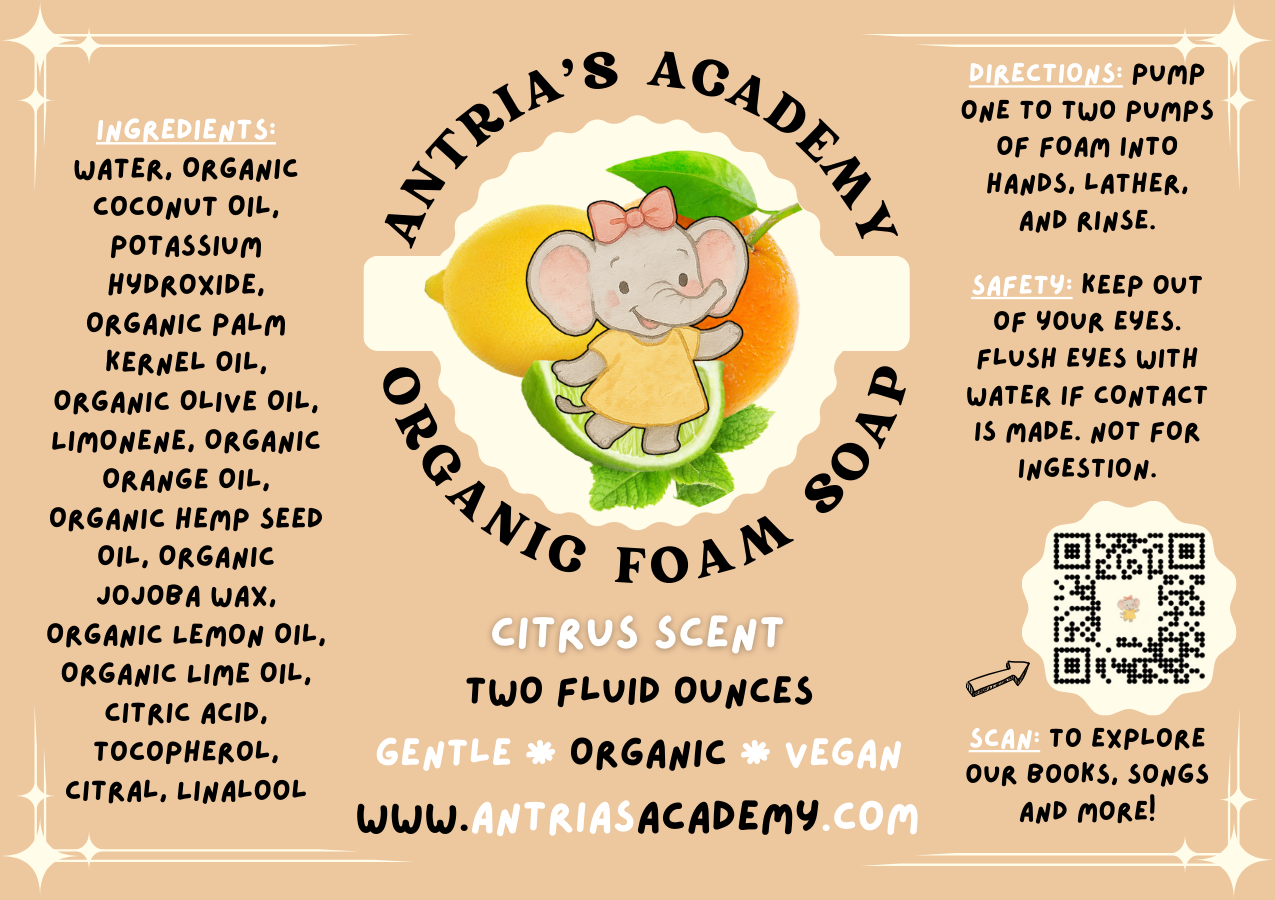Antria’s Academy Organic Foam Soap ~ Two Fluid Ounces ~ Gentle Foaming Hand Wash ~ Organic & Vegan ~ Citrus Scent