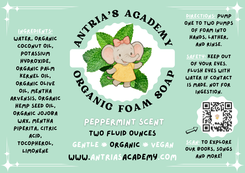 Antria’s Academy Organic Foam Soap ~ Two Fluid Ounces ~ Gentle Foaming Hand Wash ~ Organic & Vegan ~ Peppermint Scent