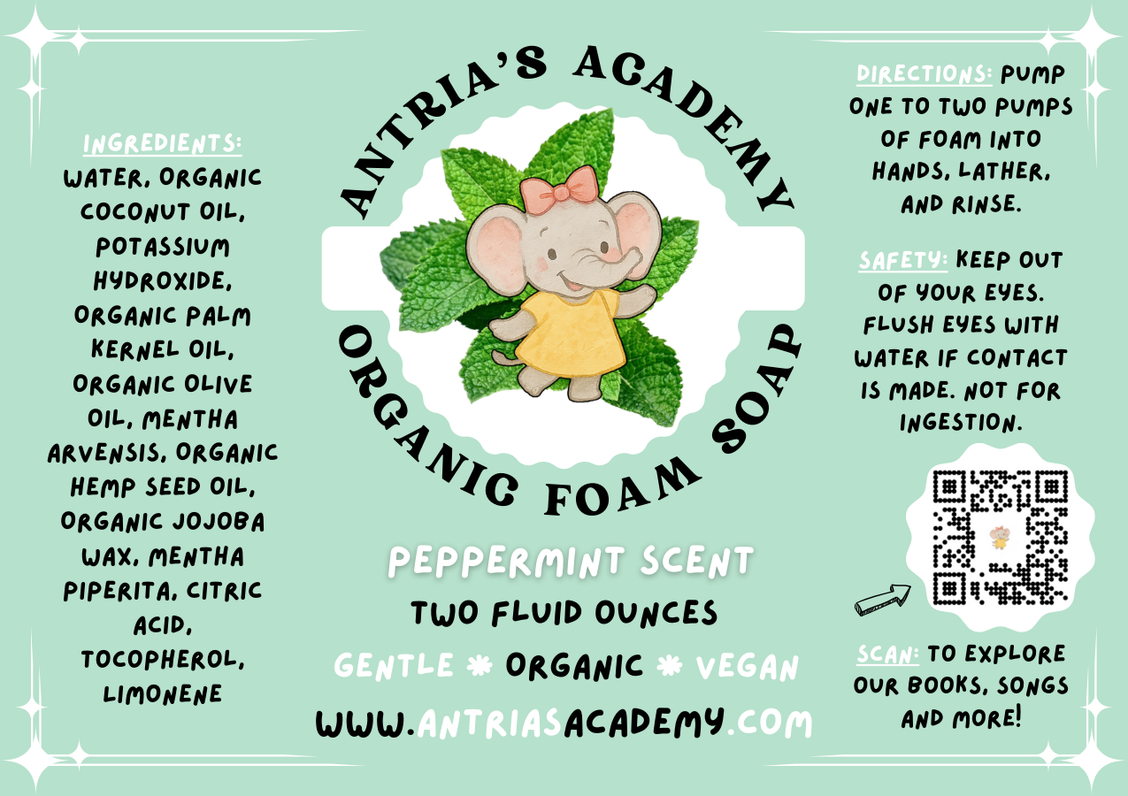 Antria’s Academy Organic Foam Soap ~ Two Fluid Ounces ~ Gentle Foaming Hand Wash ~ Organic & Vegan ~ Peppermint Scent