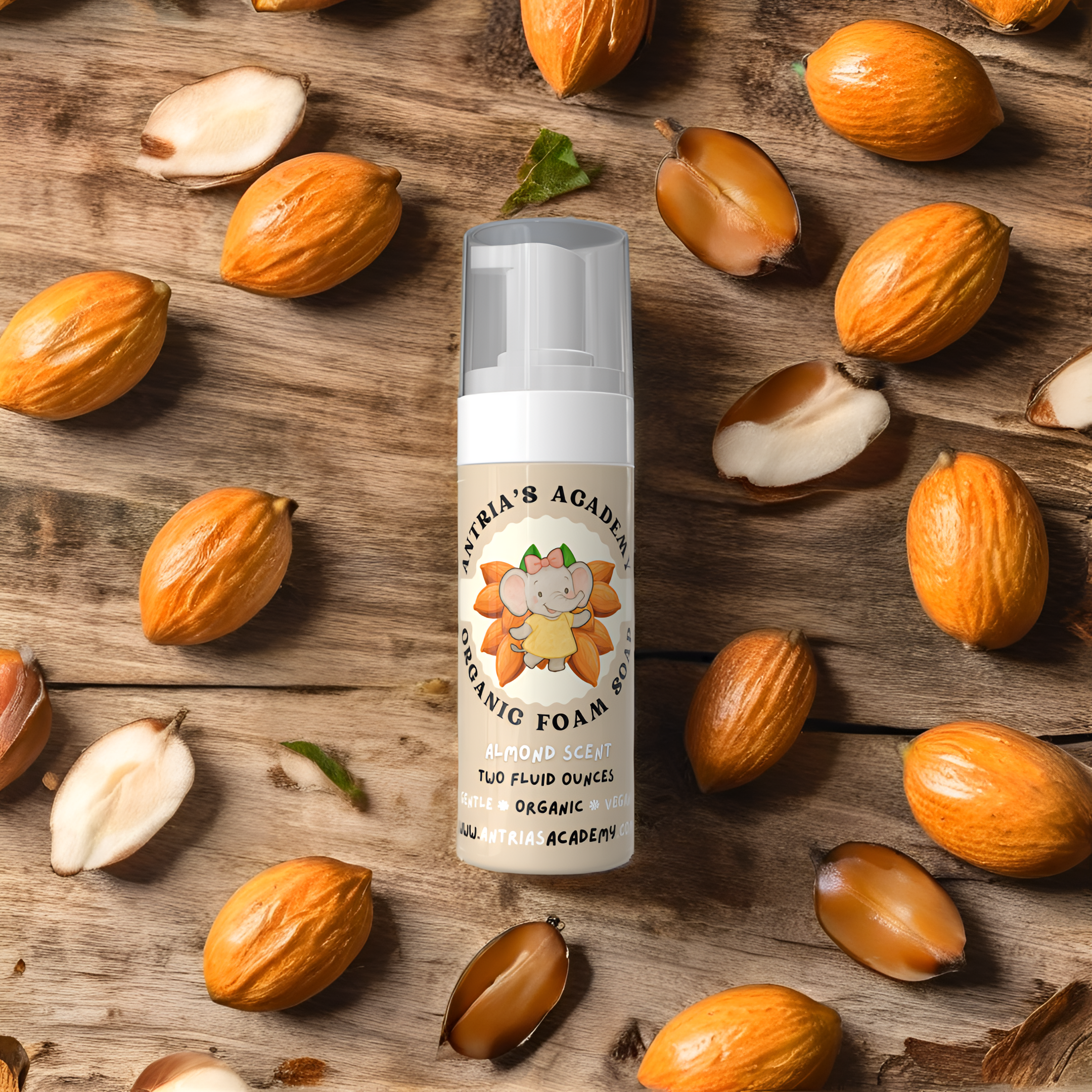 Antria’s Academy Organic Foam Soap ~ Two Fluid Ounces ~ Gentle Foaming Hand Wash ~ Organic & Vegan ~ Almond Scent