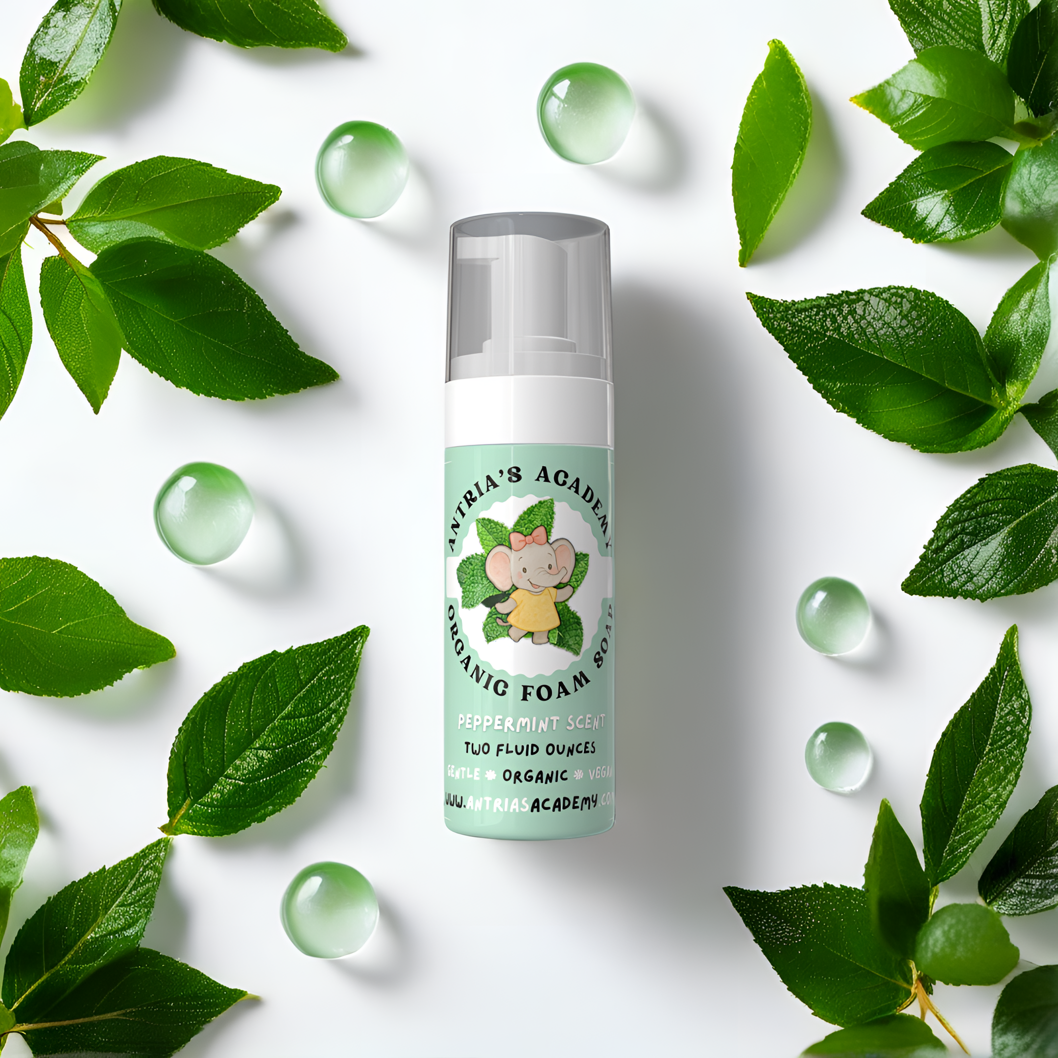 Antria’s Academy Organic Foam Soap ~ Two Fluid Ounces ~ Gentle Foaming Hand Wash ~ Organic & Vegan ~ Peppermint Scent